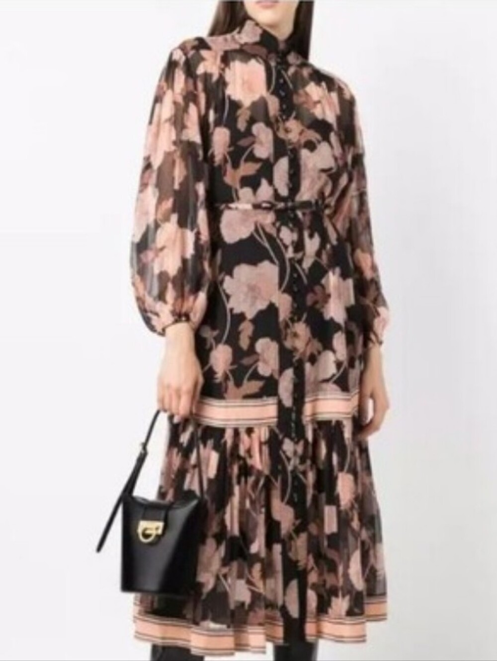 Sheer Floral Button-Front Dress with Pink Flowers